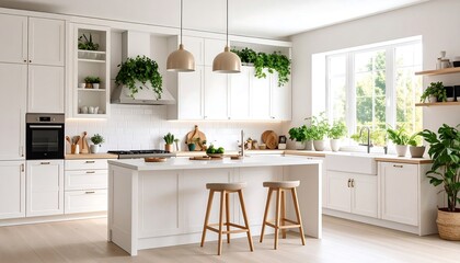 Bright and Airy Kitchen Interior with Plants and Island Seating creating a Cozy Feel