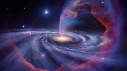 A galaxy with a black hole in its center is illuminated by the light of stars around it.