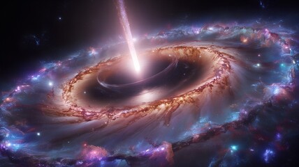A galaxy with a black hole in its center is illuminated by the light of stars around it.