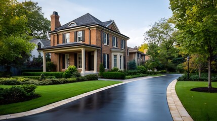 Elegant brick mansion with lush green landscaping and winding driveway