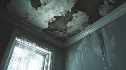 Damaged ceiling with mold and water stains
