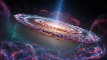 A galaxy with a black hole in its center is illuminated by the light of stars around it.