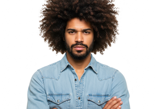 A handsome african american man with a large afro and beard is posing in a studio with