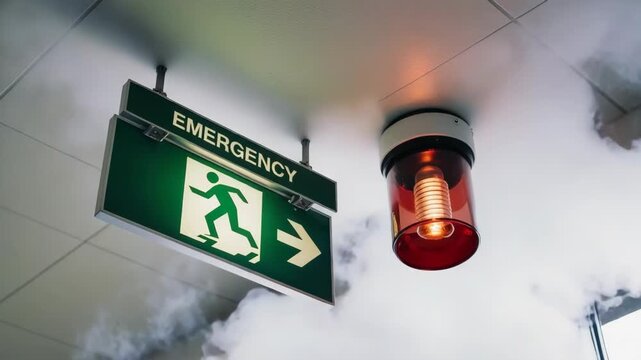Emergency exit sign illuminated with smoke and a flashing red alarm light indoors
