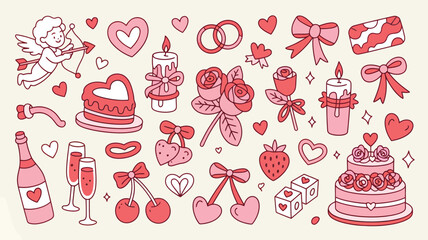 Hand Drawn Valentines Day Doodle Set Pink Red Cupid Hearts Roses Candles Cake Champagne Cherries Strawberries