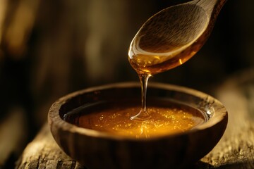 Honey drizzling from wooden spoon in bowl