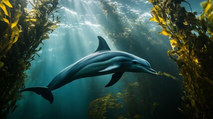 Obraz premium A dolphin glides through underwater kelp with sunlight filtering down from the surface.