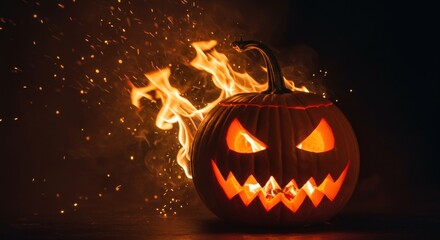 Flaming jack-o-lantern pumpkin sparks fire halloween decoration scary face. Burning carved orange flames spooky atmosphere. October holiday concept