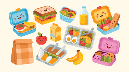 Colorful Flat Vector Illustration of Kids Lunchboxes Filled with Sandwiches Fruits Vegetables Milk Juice and Snacks Happy Faces on Containers