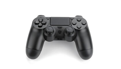 Black video game controller on white background