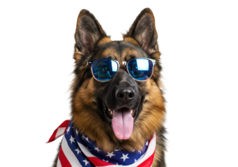 A german shepherd dog wears sunglasses and an american flag bandana in a patriotic