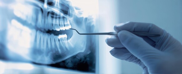 The dentist examining an x-ray of a patient's teeth with specialized tools.
