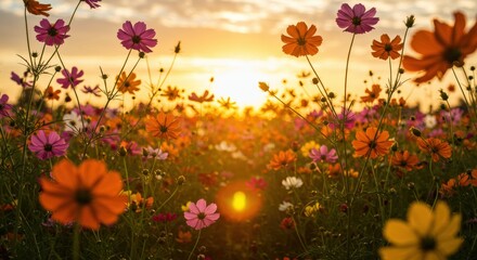 Obraz premium Colorful cosmos flowers blooming in golden sunset light creating natural wildflower meadow. Pink purple orange blossoms in warm lighting. Flower seeds, gardening supplies, landscaping services sale