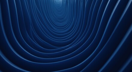 Abstract dark blue tunnel with curved lines creating perspective depth and dimensional movement. Futuristic geometric pattern. Digital design, technology brand, web graphics, presentation materials