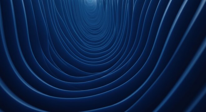 Abstract dark blue tunnel with curved lines creating perspective depth and dimensional movement. Futuristic geometric pattern. Digital design, technology brand, web graphics, presentation materials