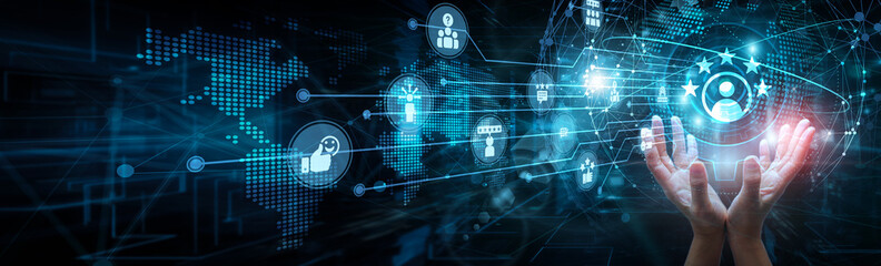 Customer agent holding global network and customer satisfaction strategy, feedback engagement loyalty service personalization CRM automation support, and quality monitoring experience.