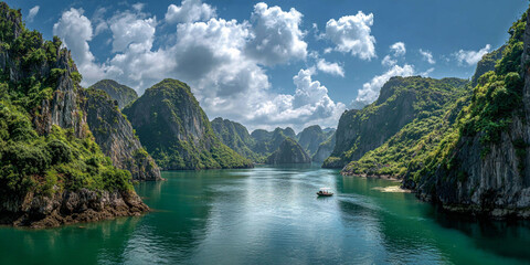 Emerald Waters of Ha Long Bay, A breathtaking view of Ha Long Bay's emerald waters surrounded by limestone karsts and lush greenery under a vibrant sky.