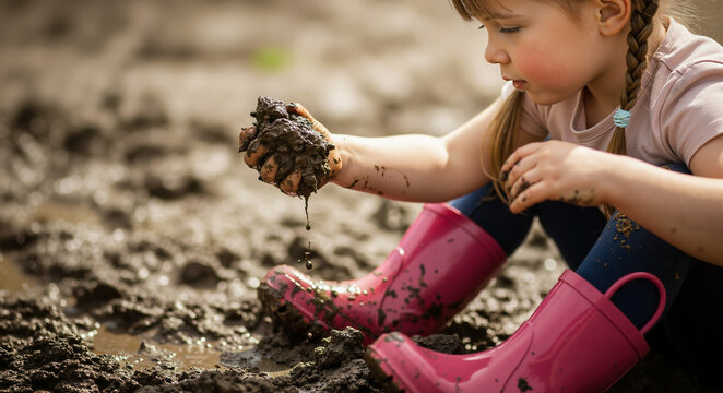 Candid childhood moment of a little girl playing outside on the farm, sitting in wet mud and enjoying herself making a big mess with dirty clothes and pink rain boots