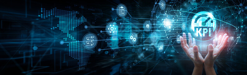Manager holding global network and KPI performance metrics, benchmarking measurement analytics automation improvement insights reporting strategy monitoring objectives business growth.