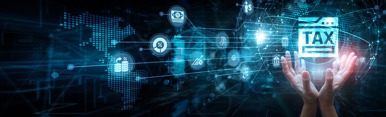 Tax consultant holding global network and tax systems compliance, reporting filing automation audit...