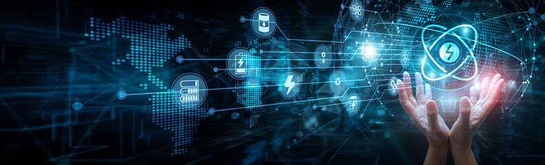 Engineer holding global network and energy technology systems, smart grid automation renewable innovation storage power generation sustainability infrastructure efficiency, and monitoring.