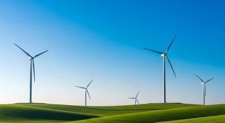 Rows of solar panels and wind turbines spread across a green hill under a clear blue sky, representing clean energy production and the integration of solar and wind power for sustainable electricity.