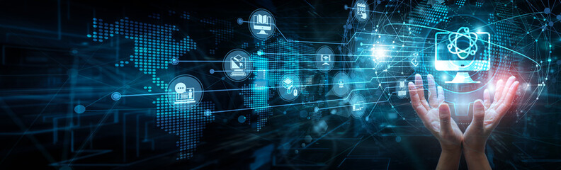 EdTech developer holding global network and educational technology tools, digital learning systems AI innovation content development automation virtual classrooms, and engagement analytics.