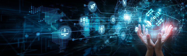 Aerospace engineer holding global network and space technology innovation, satellites navigation robotics AI propulsion orbit systems launch research communication exploration infrastructure.