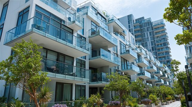 Apartment glass rail balconies, modern city housing design, clean building detail scene, stylish urban living concept