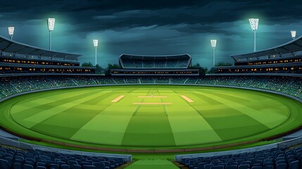Illuminated cricket stadium at night under cloudy skies