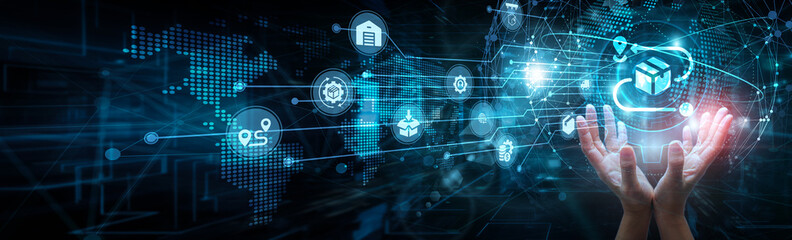 Logistics coordinator holding global network and logistics operations, routing transportation tracking warehousing delivery supply chain automation inventory optimization, and fulfillment.