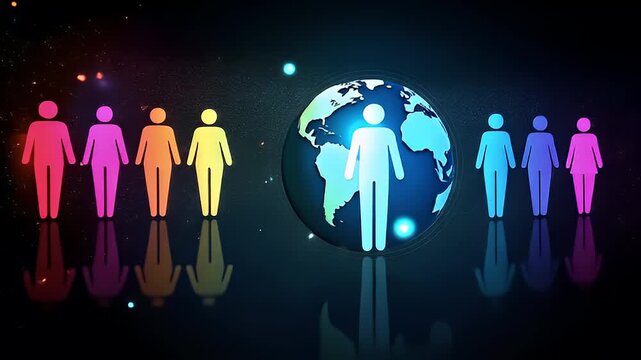 Global Human Connection Digital Illustration with Pixelated People Around Earth Globe on Dark Blue Background