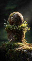 Stone sphere atop mossy pillar