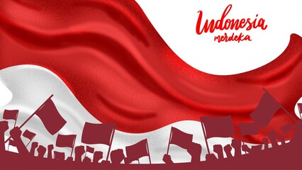 A patriotic crowd celebrates Indonesia's Independence Day, with people waving flags beneath a large flowing red and white banner.
