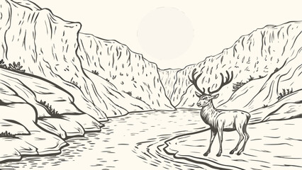 Obraz premium Illustration of a deer standing near a river with mountains and a bright light source in the background scene silhouette