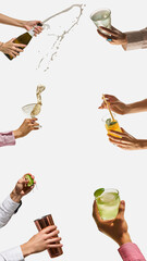 Collage of hands pouring, squeezing lime, and mixing vibrant cocktails on white background. Concept...