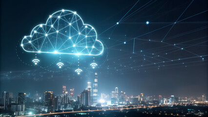 Futuristic cloud network with glowing data nodes, dark background, digital city lights below