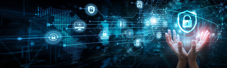 Cybersecurity analyst holding global network and cybersecurity systems, threat detection encryption firewall risk prevention compliance access control, and monitoring protection.