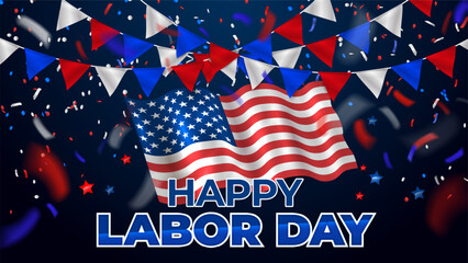 Flags, flying confetti and stars in American national colors - Labor Day