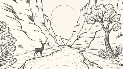 Illustration of a deer standing by a river in a canyon with a large sun and trees on either side silhouette