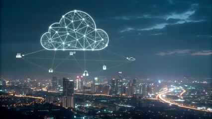 Futuristic cloud network with glowing data nodes, dark background, digital city lights below