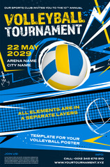 Volleyball tournament dynamic poster template with ball and net