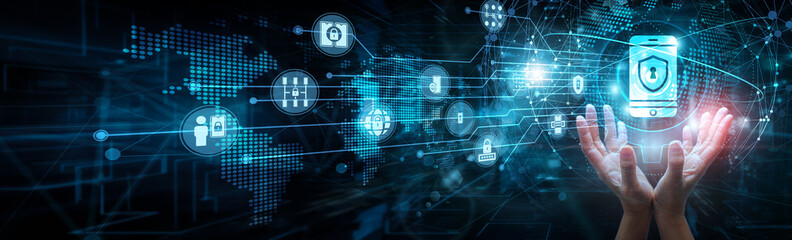 The IT security officer is holding global network and mobile security tools, encryption malware...