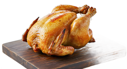 High-quality roasted whole chicken on a rustic High-quality roasted whole chicken on a rustic wooden board, glowing warmly against a white backgrwooden board, glowing warmly against a white background