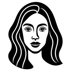 Black and white vector illustration of a woman's face with artistic hair and glamorous makeup, highlighting her eyes and lips