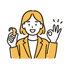 Woman holding hearing aid giving OK sign, minimal line art illustration