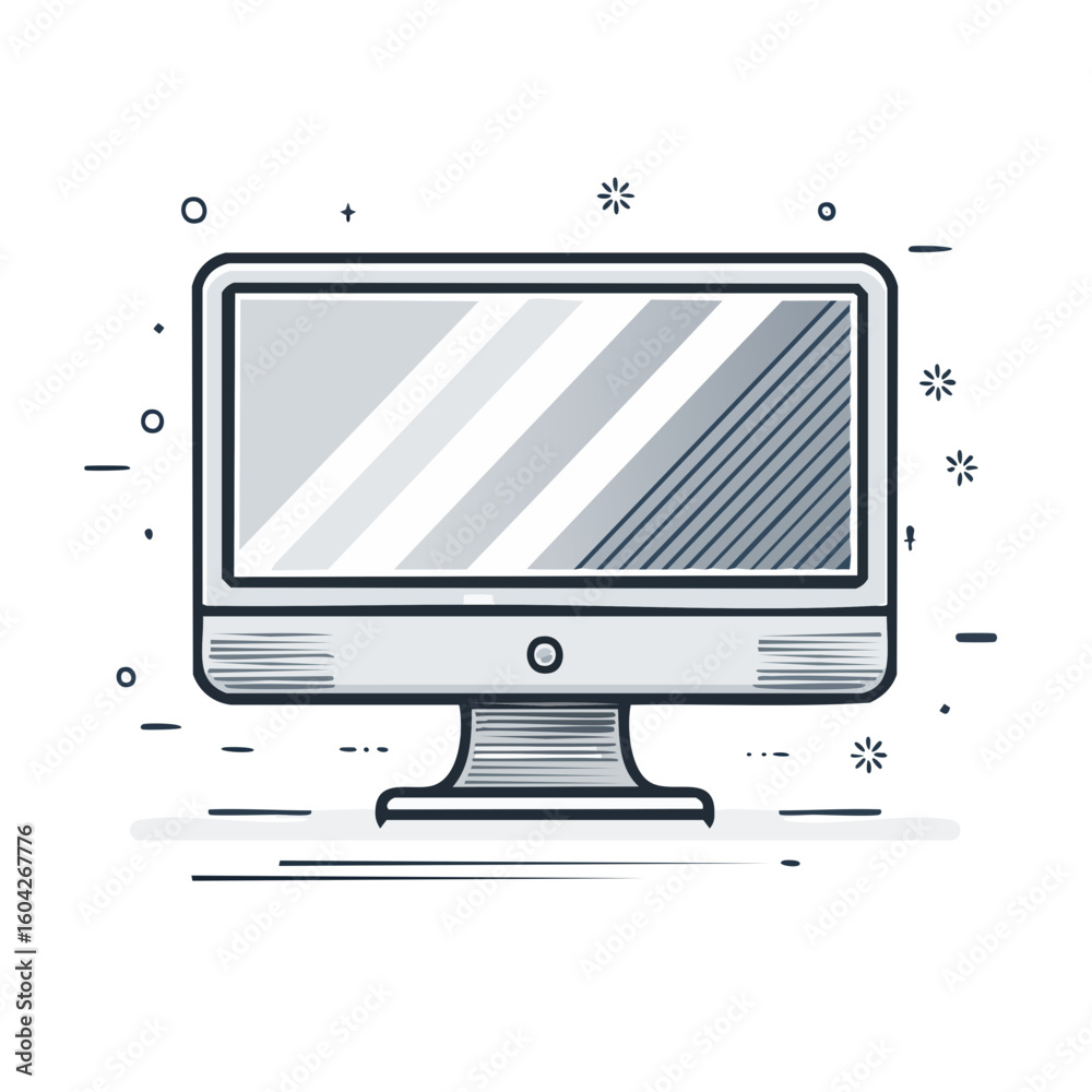 Fototapete computer monitor icon in doodle style on dark background with decorations