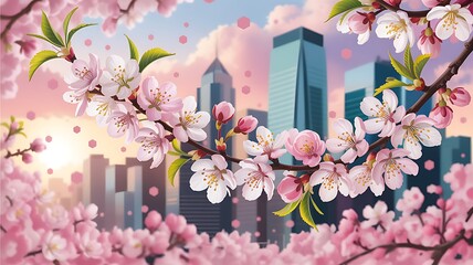 Obraz premium Cherry Blossoms in Bloom with City Skyline Background a Springtime Urban Oasis Painting Illustration Style