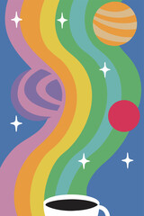 Stylish vector artwork depicting a coffee cup whose steam transforms into a spiral galaxy with celestial bodies floating into the vastness of space, ideal for modern design applications