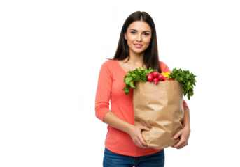 A woman holding a paper bag full of groceries is isolated on a transparent
